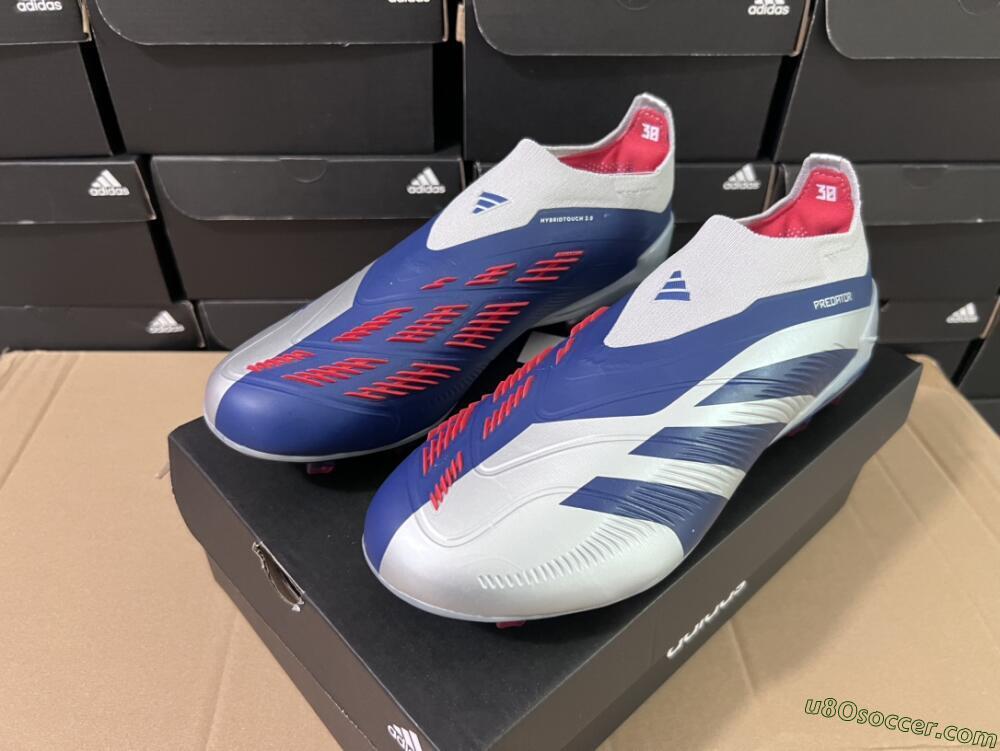 Silver Blue Red FG Firm Ground Soccer Cleats | Laceless Predator